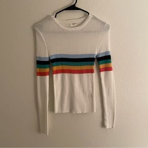 Fitted Crew Neck White Retro Striped Sweater Size S